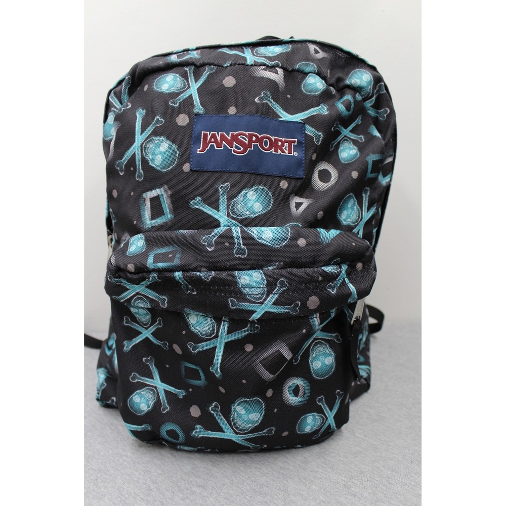 JanSport Backpack Black Teal Skulls SuperBreak School Discontinued Pattern Y2K